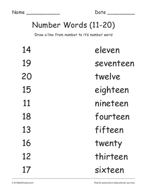 Number Words 11 20 Worksheets