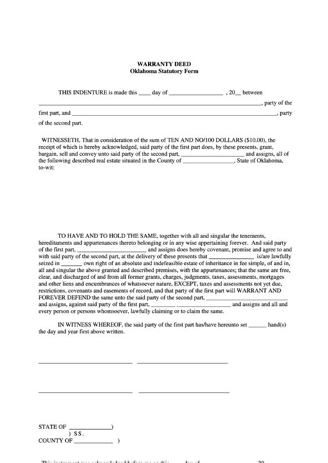 Warranty Deed Oklahoma Statutory Form Printable Pdf Download