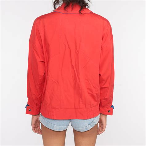 Red Windbreaker Jacket Zip Up Jacket 80s Cotton Jacket 1980s