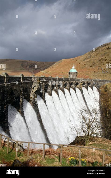 Water Overflowing A Dam Craig Goch Reservoir Elan Vally Wales Stock