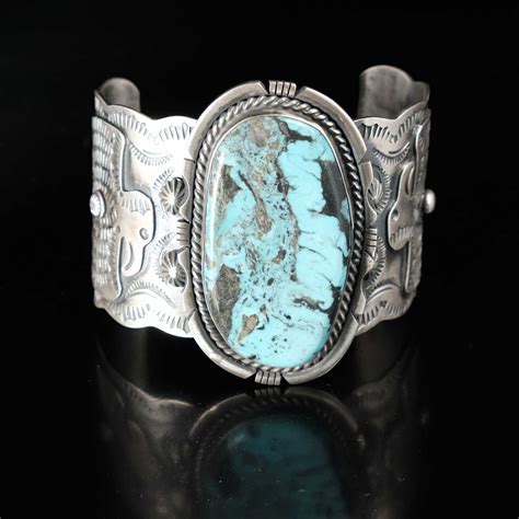 Huge Turquoise Cuff Bracelet Large Native American Heavy Sterling