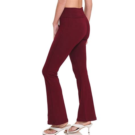 zenana women fold over waist cotton stretch flare leg boot cut yoga pants leggings dark burgundy