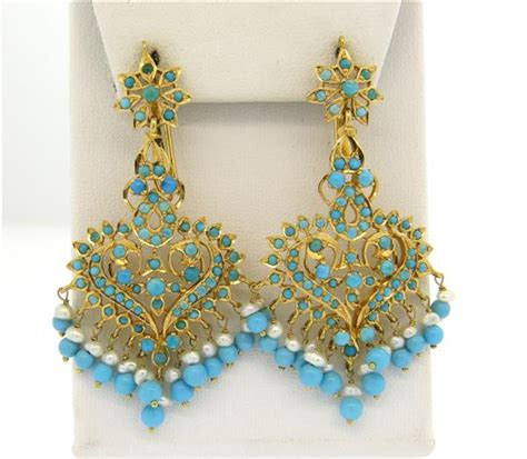 K Gold Turquoise Pearl Chandelier Earrings