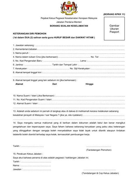 Borang maklumat pegawai pengelasan yang telah dilantik di bawah seksyen 2c borang kpkk 9 (a). Borang Soalan Keselamatan (Borang KPKK 11)