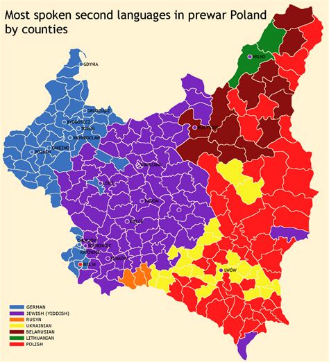 Most Spoken Second Languages In Prewar Poland By County Map Europe Map Imaginary Maps