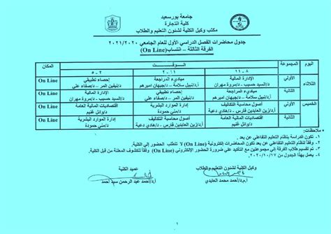 جدول محاضرات الفصل الدراسى الأول الفرقة الثالثة انتساب للعام الجامعى 2021 2020 كلية التجارة