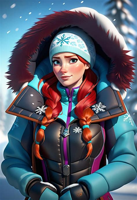 Anna From Frozen With Red Hair Wearing A One Piece Snowsuit Head And Shoulders Portrait 8k