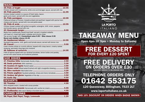 Takeaway Menu La Porto Italiano Ristorante Billingham