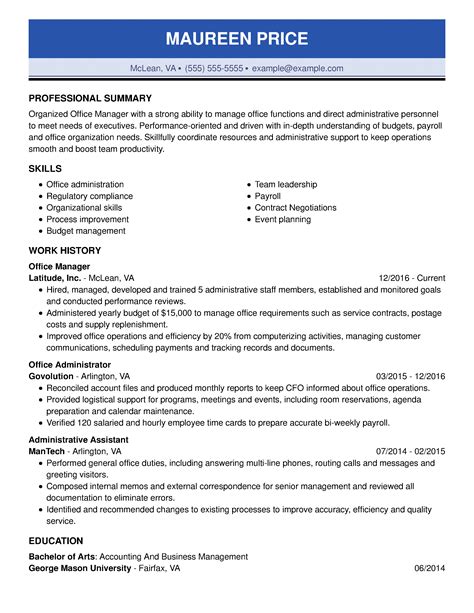 Resume Template For Manager Position