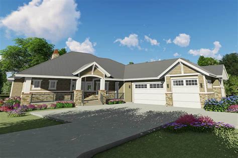 Downsized Craftsman Ranch Home Plan With Angled Garage 64465sc