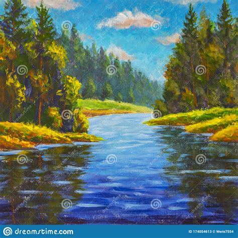 Beautiful River Landscape Acrylic Painting Russian Forest