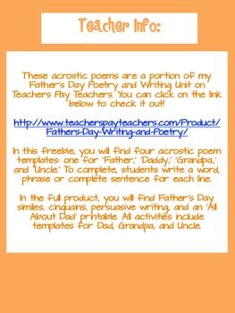 Documents similar to fathers day acrostic poem lep. Father's Day Acrostic Poem Freebies by Alyssa Absher | TpT