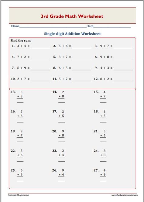Addition Worksheets 3rd Grade Printable