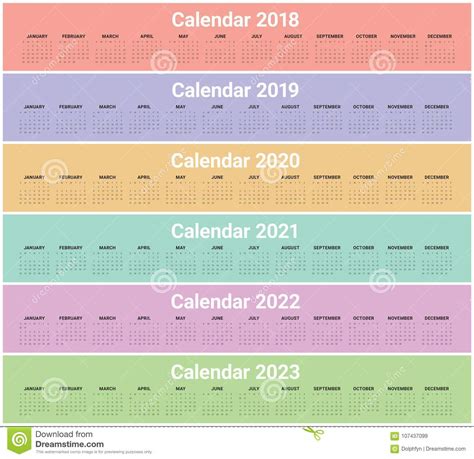 Year 2018 2019 2020 2021 2022 2023 Calendar Vector Stock Vector