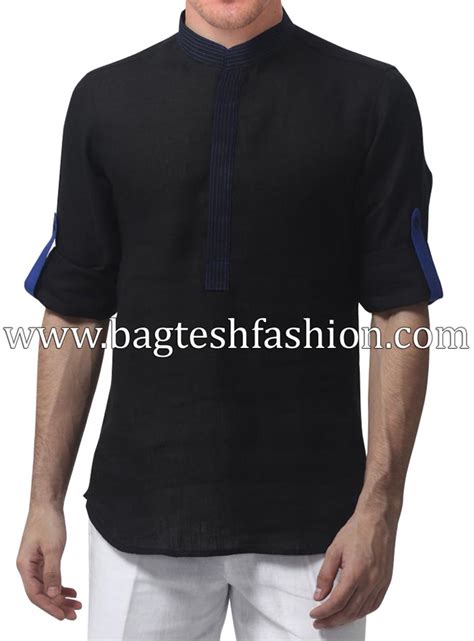 Mens Black Linen Tunic Online Bagtesh Fashion