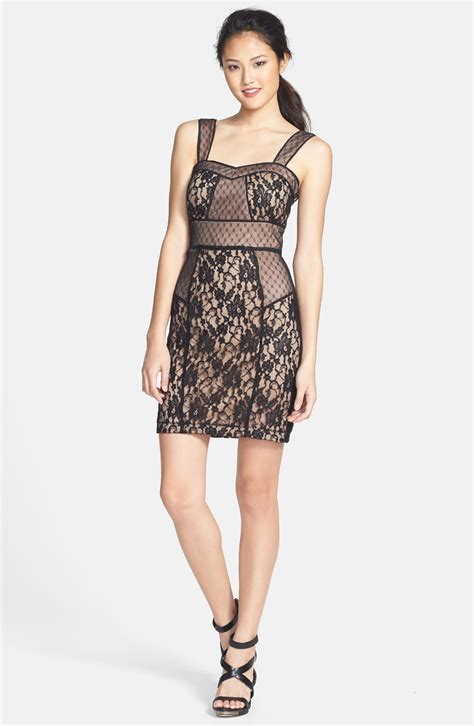 Guess Mixed Lace Sheath Dress In Black Black Nude Lyst