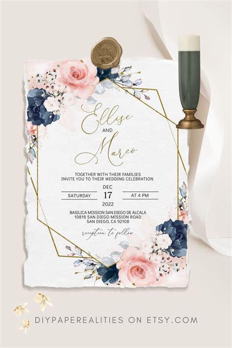 ELLISE Wedding Invitation Template Navy Blush Wedding Etsy Floral