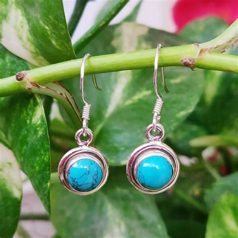 Natural Turquoise Round Earrings925 Sterling Silver Etsy