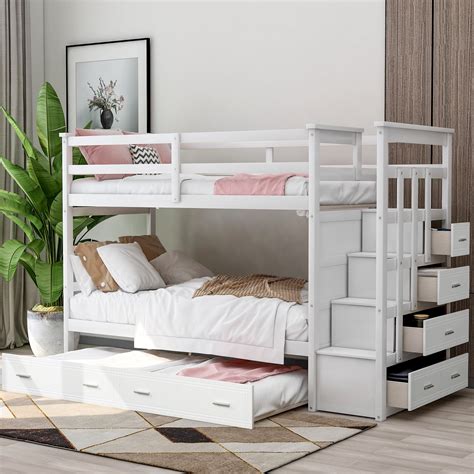 euroco twin over twin bunk bed with trundle storage drawers white