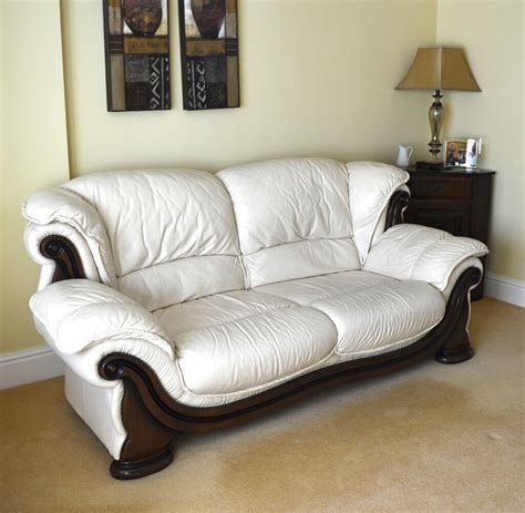3 Seater Sofa And 2 Chairs Cream Leather Living Room Furniture 3 Piece
