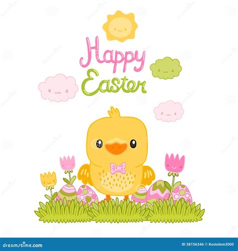 Happy Easter Cartoon Cute Chicken And Eggs Royalty Free Stock Image