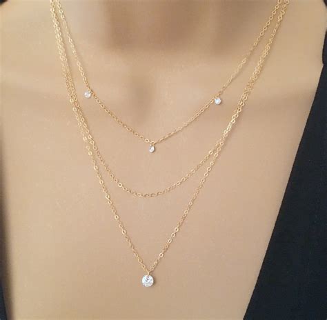 Dainty Layer Necklace Tiny Cz Diamond Necklace Delicate Triple Etsy
