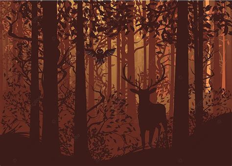Autumn Forest Landscape And Deer Background Trunk Grass Vector