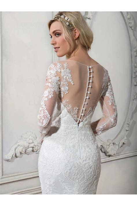 Lace sleeves (opposed to solid silk) add a textural element to a wedding dress. Long Sleeves Mermaid Illusion Neckline Lace Wedding ...