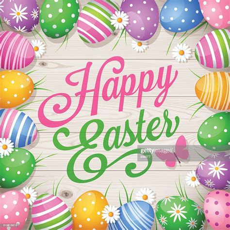 Colorful Easter Eggs On Wooden Background And Text Happy Easter High