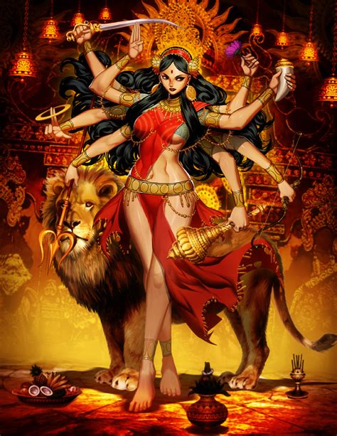 Genzoman Durga Hindu Mythology Girl Bindi Black Hair Bow Weapon