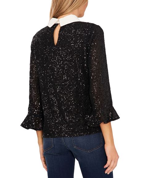 Cece Womens Ruffled Sleeve Collared Sequined Bow Tie Blouse Macys