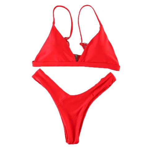 Bikini Halter Summer Two Piece Red Deep V Swimwear Women Set Push Up Swimsuit 2018 Padded Bra