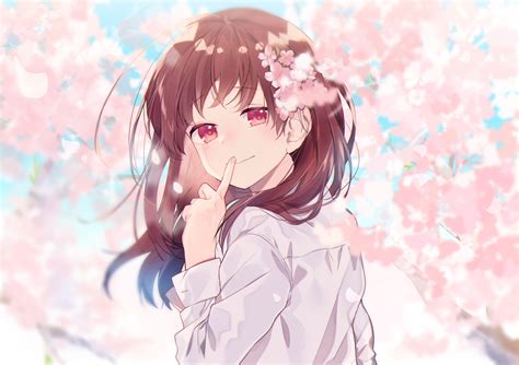 Download 2880x1800 Anime Girl Shhh Cherry Blossom Brown Hair