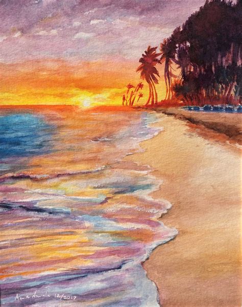Tropical Beach Original Watercolor Painting Sunset Morning Watercolor