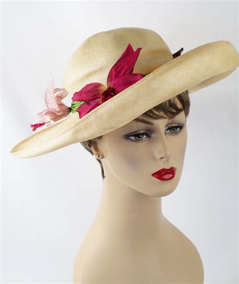 Vintage Upturned Wide Brim Hat Natural Straw W Irises By Irene Of New