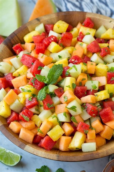 Melon And Pineapple Fruit Salad With Honey Lime And Mint Dressing