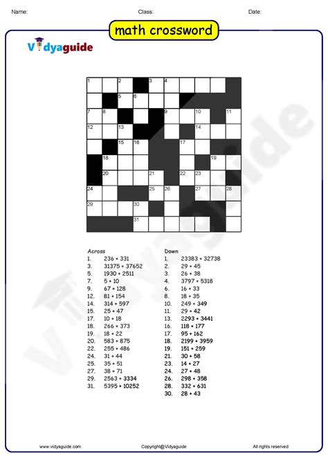 Math Crossword Puzzles 7th Grade