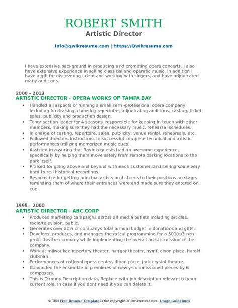 Artistic Director Resume Samples Qwikresume