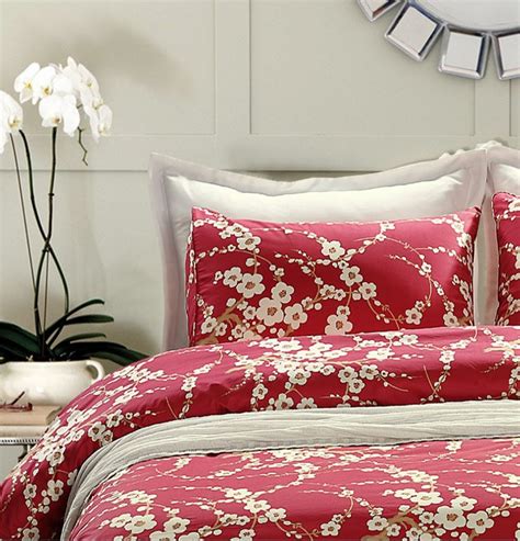 Japanese Oriental Style Cherry Red Blossom Floral Branches Print Duvet