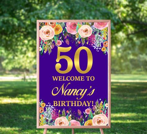 50th Birthday Welcome Sign Printable Welcome Poster Floral Etsy