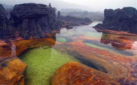 Rock On Body Of Water And Landscape Of Mount Roraima Venezuela Nature