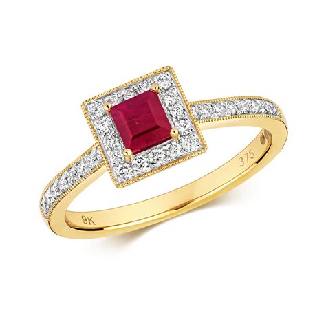 Womens 9ct Gold Square Ruby And Diamond Cluster Ring Diamond Cluster