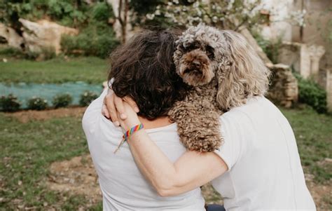Premium Photo Backwards Lesbian Couple With Poodle Pet Dog Outdoors