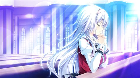 Wallpaper Illustration Long Hair Closed Eyes White Hair Anime Girls Artwork Silver Hair