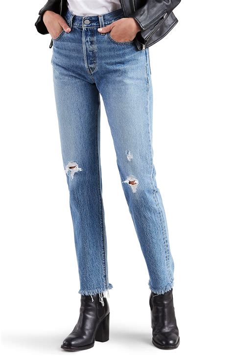 Levis Denim 501 High Waist Ripped Fray Hem Skinny Jeans In Blue Lyst
