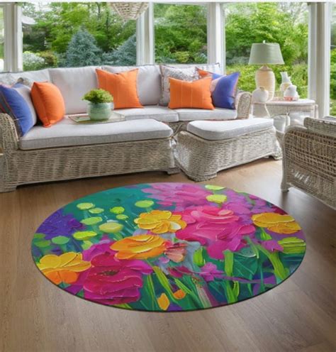 Round Floral Rugmat Spring Floral Rug Faux Painted Flowers Round Rug