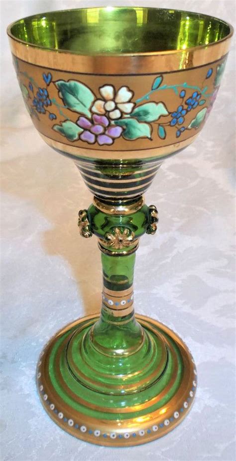 Antique Moser Gilt Hand Painted Enamel Green Art Glass Goblet Ebay Keramika