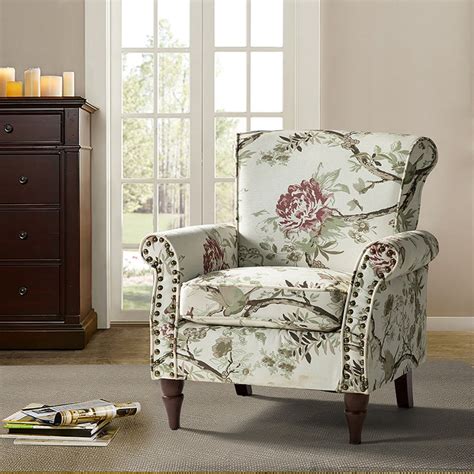 Upholstered Wingback Armchair Removable Cushion Floral Sofa Home Accent Chair Couch Wood Legs