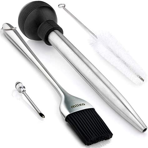 steel turkey baster and barbecue basting brush with flavor injector and cleaning brush by miiko
