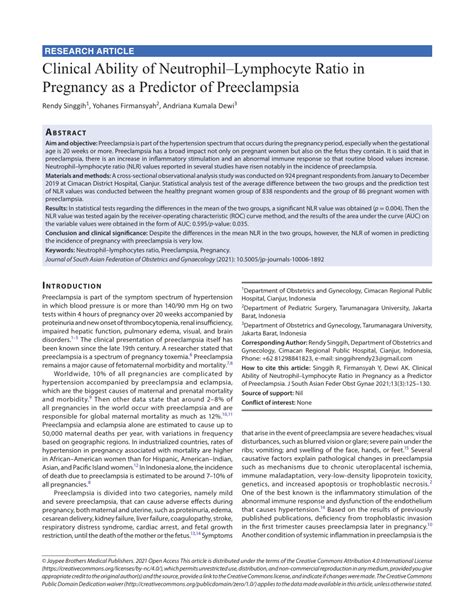 Pdf Clinical Ability Of Neutrophillymphocyte Ratio In Pregnancy As A